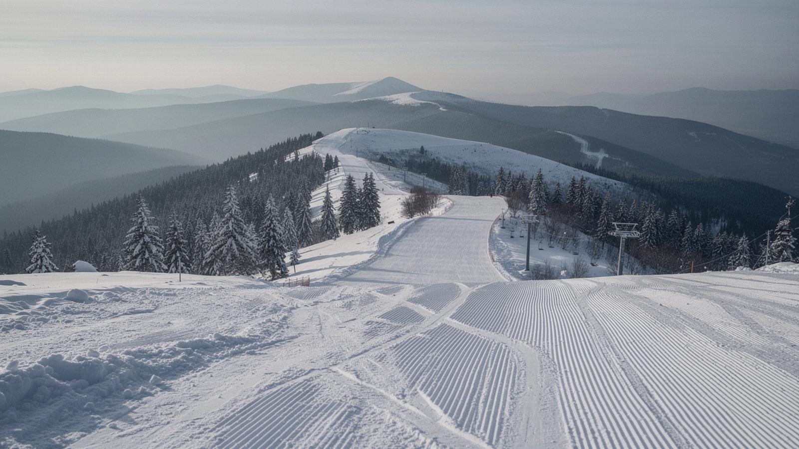 Snow-covered Carpathian ridge above a groomed ski run near Bukovel