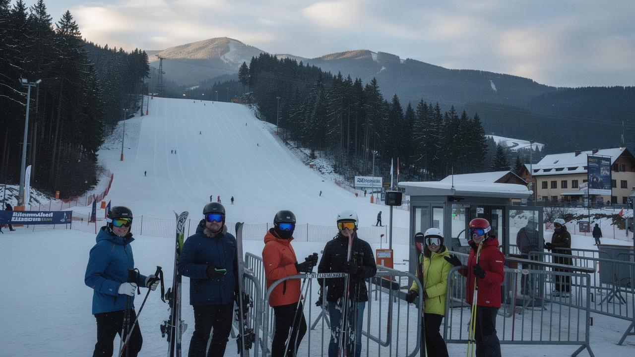 Skiers queuing at the base station of a Carpathian resort with groomed pistes behind them